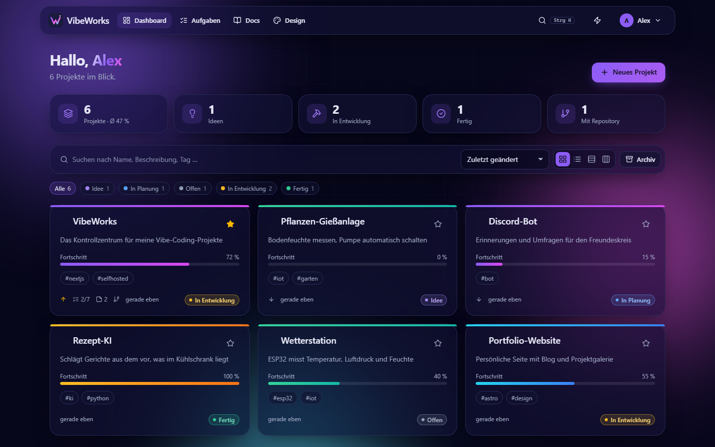 Dashboard mit Projektkarten, Statistik und Filtern